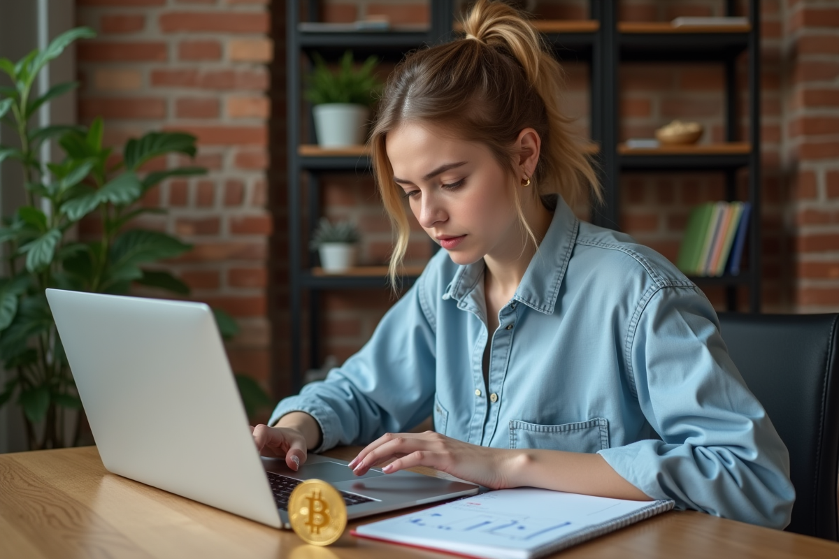 Jeune femme analysant des graphiques crypto sur son ordinateur