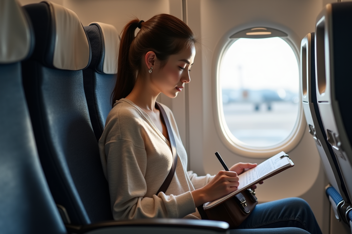 Jeune femme remplissant une declaration en avion