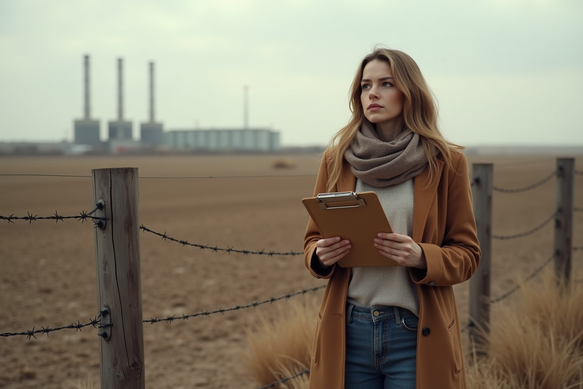 Jeune femme observant un champ desséché avec un clipbord