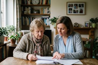 Femme âgée et sa fille examinant des documents sur le financement d'une maison de retraite