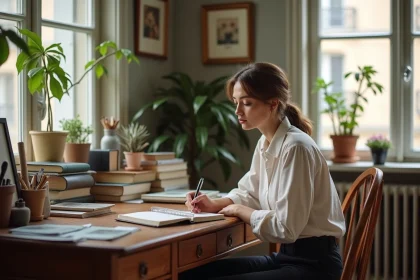 Femme élégante écrivant dans un bureau parisien lumineux