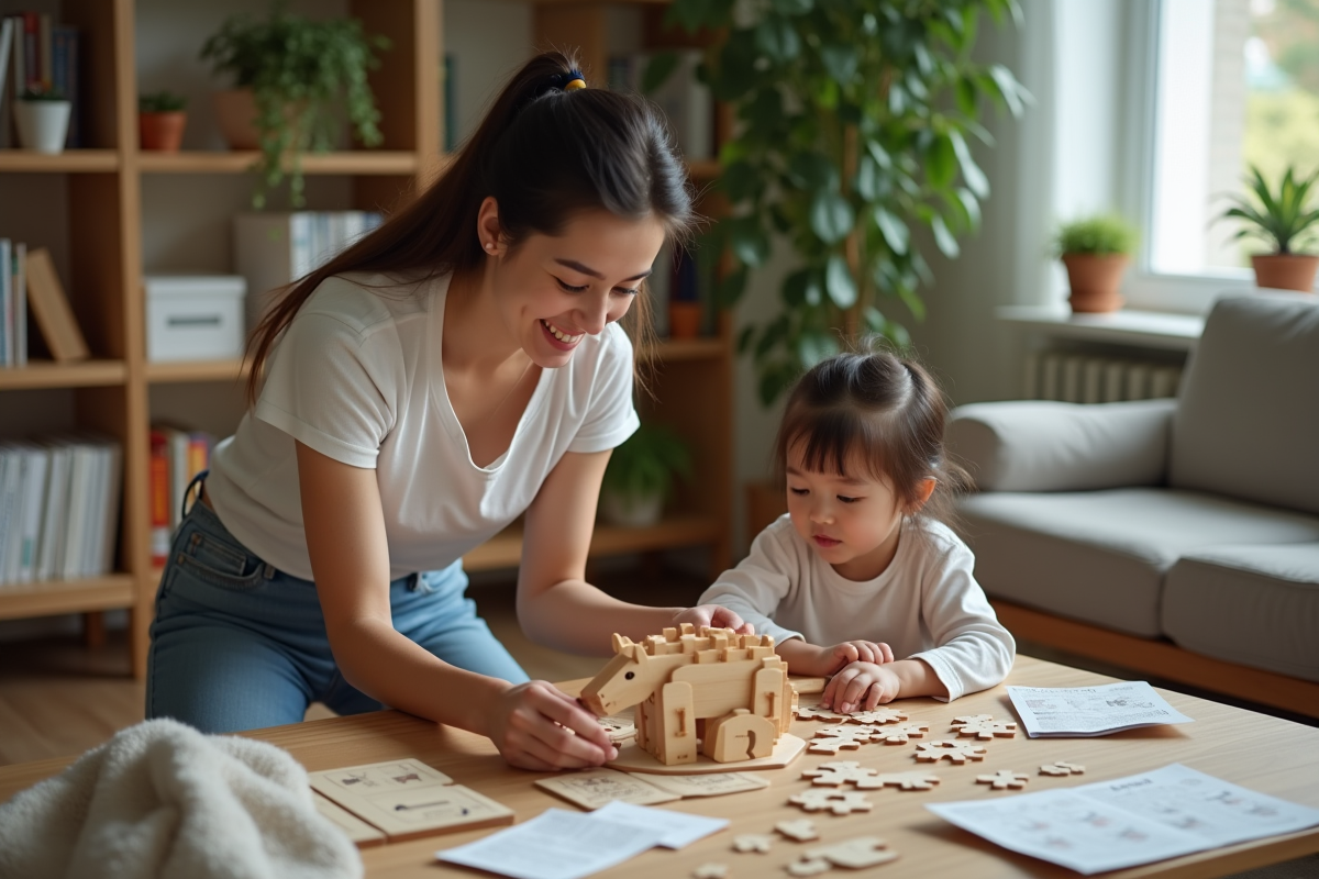 Jeune femme montre un puzzle en bois à un enfant dans le salon