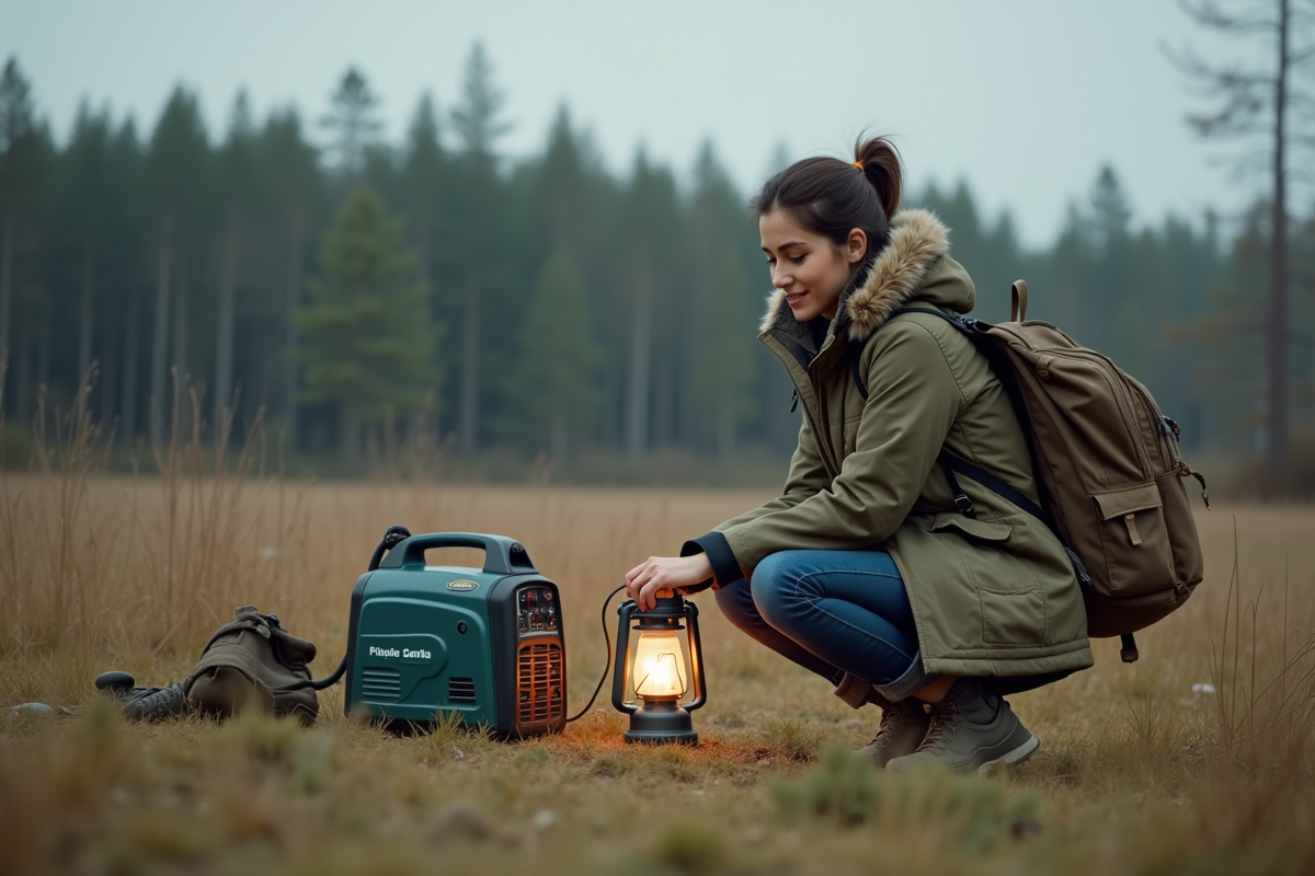 Jeune femme utilisant un générateur portable en plein air