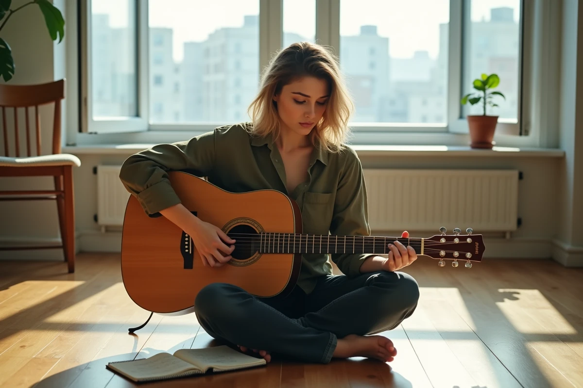 Jeune femme jouant de la guitare acoustique à l'oreille et notant sa tablature dans un carnet