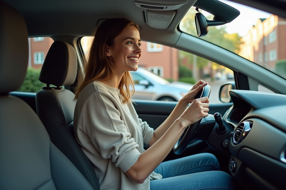 Jeune femme dans une voiture moderne en ville