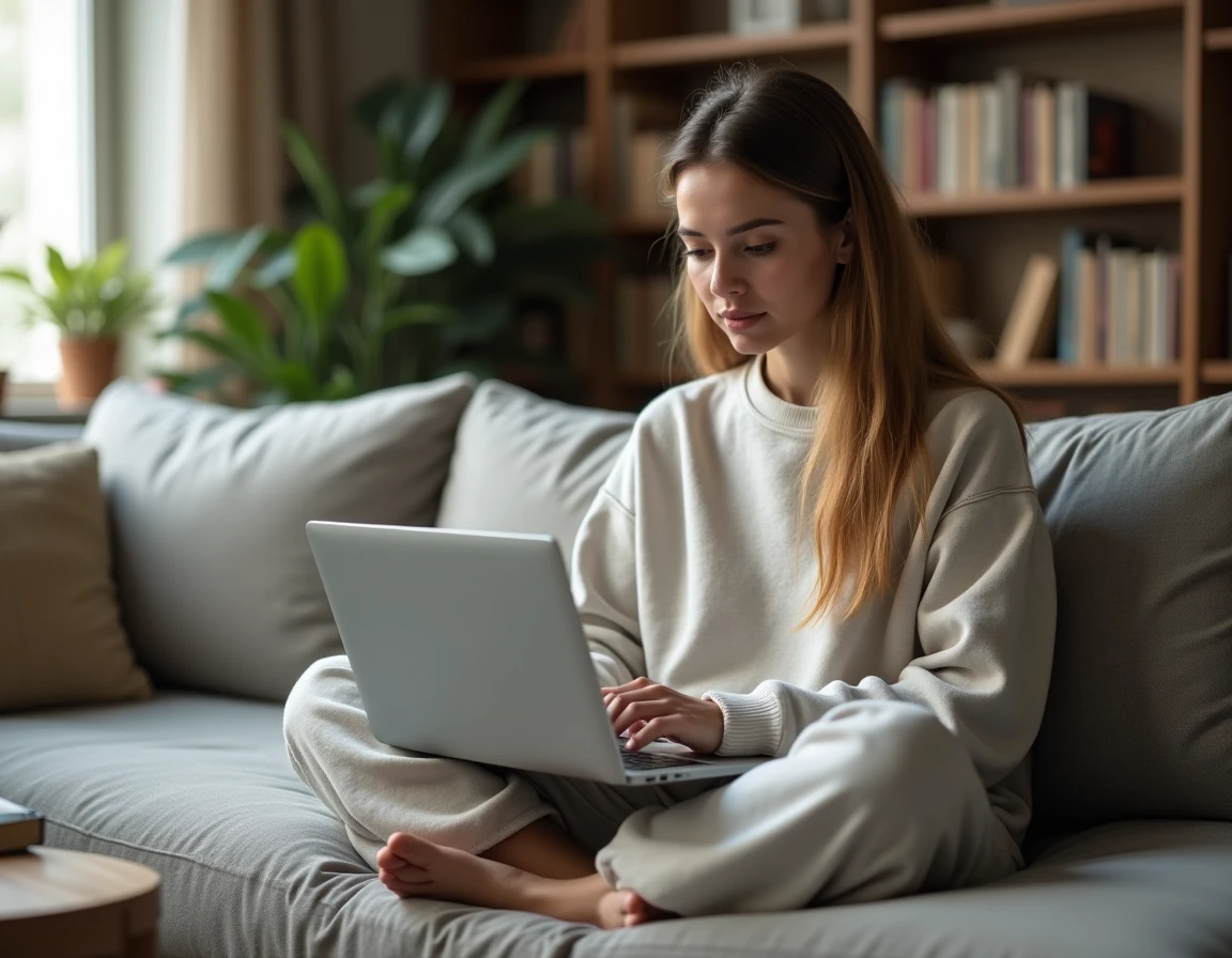 Jeune femme sur canapé consultant des astuces de code promo Hellcase sur ordinateur portable