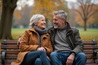Couple d'adultes assis sur un banc dans un parc en automne