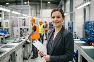 Femme daffaires souriante dans une usine moderne