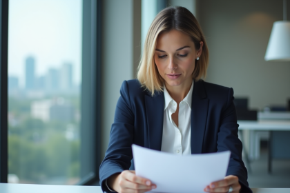 Femme professionnelle en bureau examinant un rapport SCPI
