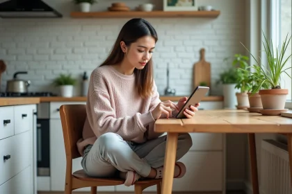 Jeune femme jouant à Wolde Louan dans la cuisine cosy