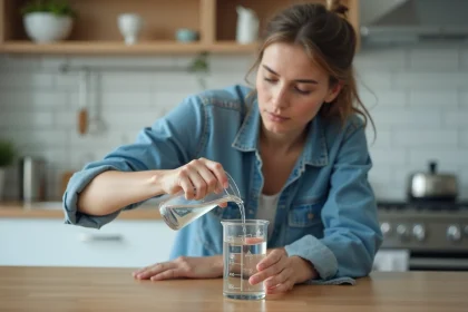 Jeune femme versant de l'eau dans un cylindre de mesure en cuisine