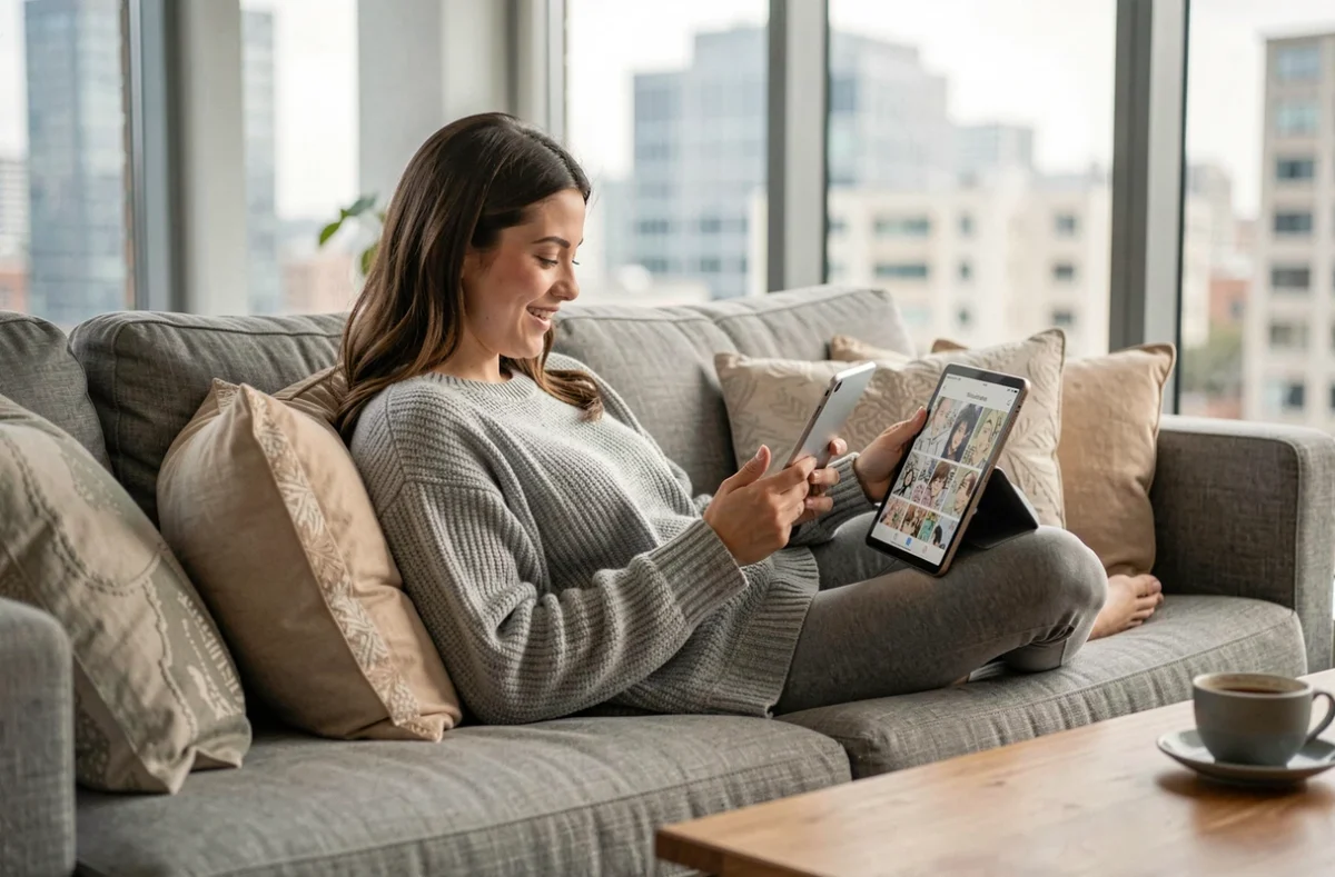 Jeune femme lisant Black Clover en scantrad français sur une tablette, allongée confortablement sur un canapé