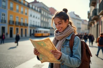 Jeune femme à Lisbonne regardant une carte vintage