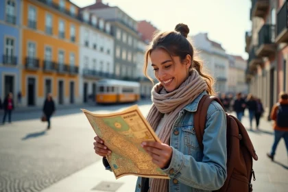 Jeune femme à Lisbonne regardant une carte vintage