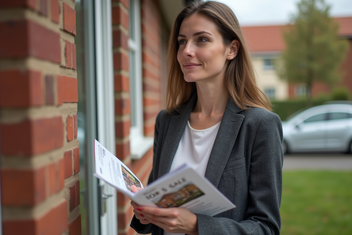 Jeune femme regardant une brochure de maison à vendre