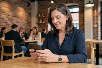 Femme mature élégante utilisant une application de rencontre sur smartphone dans un café moderne