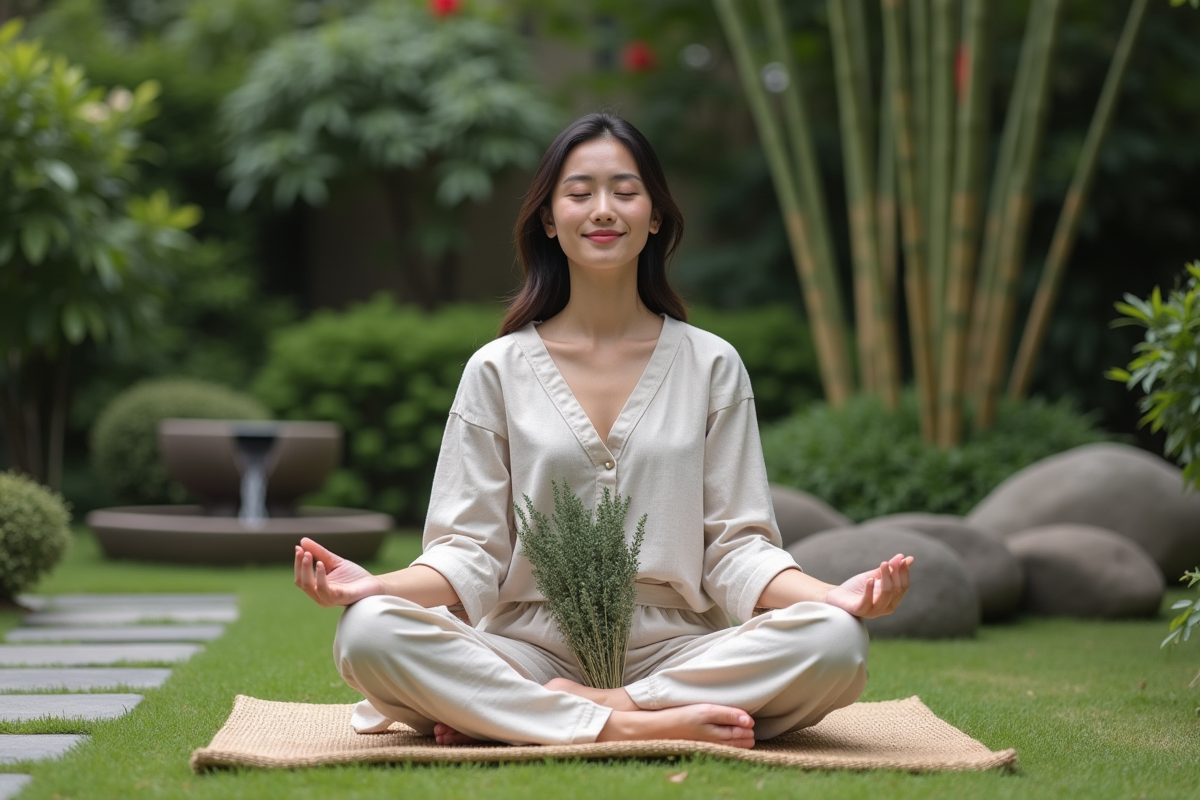 Jeune femme méditant dans un jardin paisible