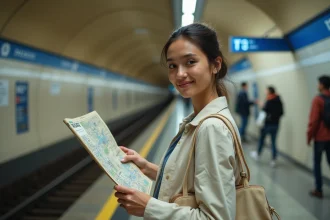 Femme consultant un plan de métro sur le quai du métro de Lyon avant une journée sans voiture