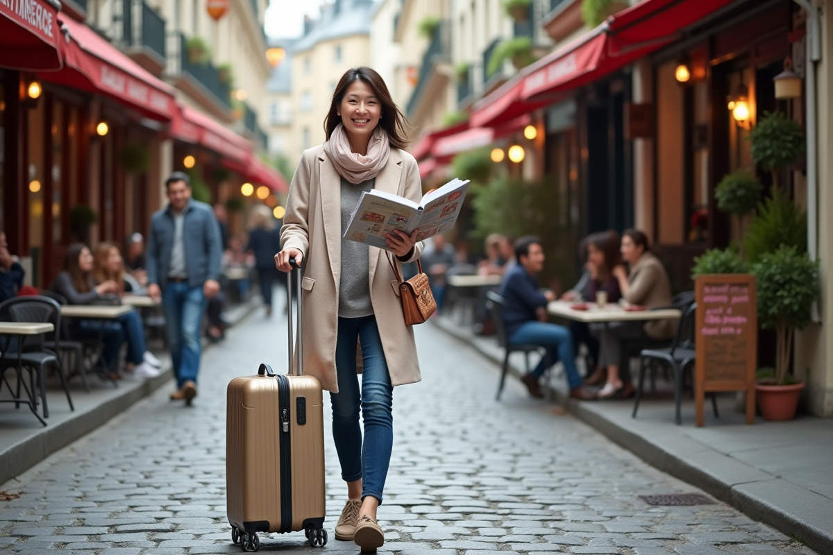 Femme asiatique marchant dans Montmartre avec valise et guide
