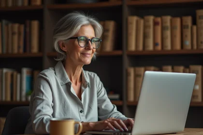 Femme naviguant sur les archives du site Comptoir des Abbayes depuis un bureau en bois confortable avec un laptop ouvert