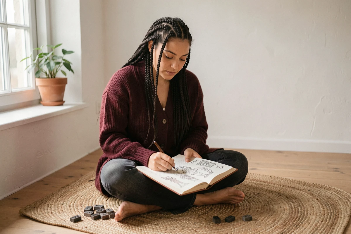 Jeune femme prenant des notes sur la signification des runes pour amour, travail et santé dans un appartement scandinave