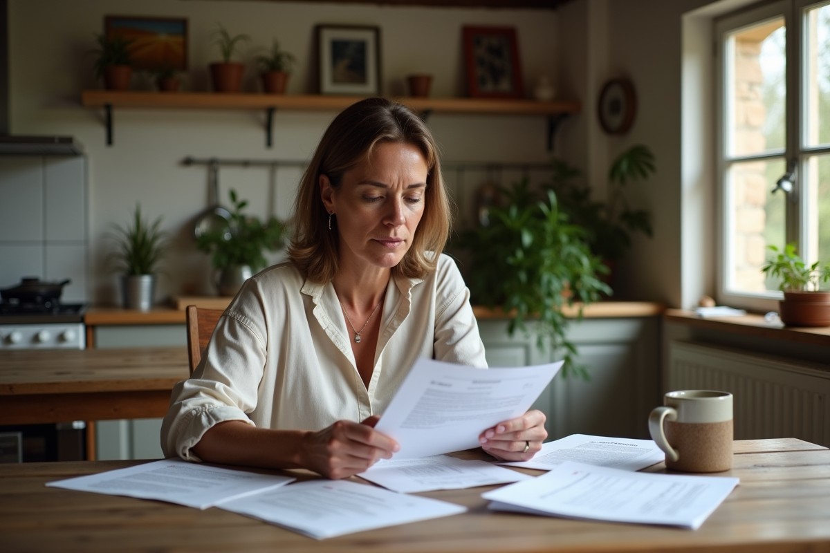Femme dans une cuisine lisant des papiers dans une maison