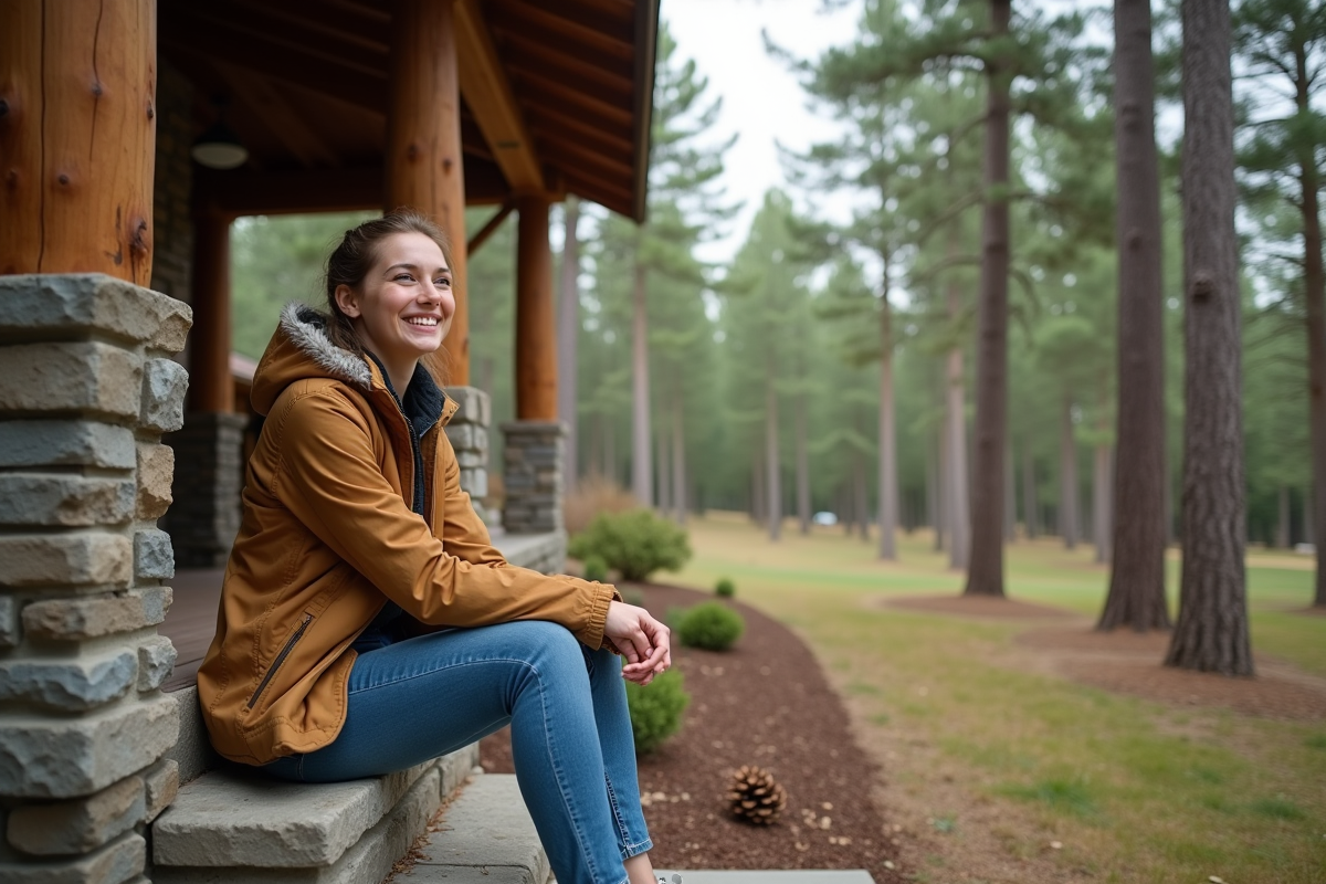 Jeune femme assise devant ses pins dans la rue