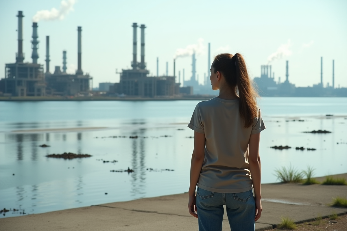 Jeune femme regardant une raffinerie de pétrole depuis la plage