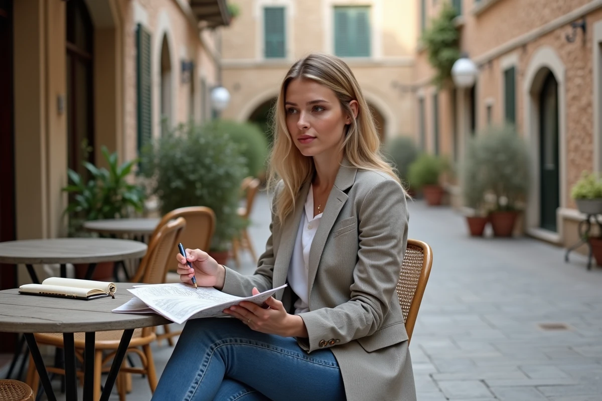Jeune femme planifiant avec carte dans un café en ville