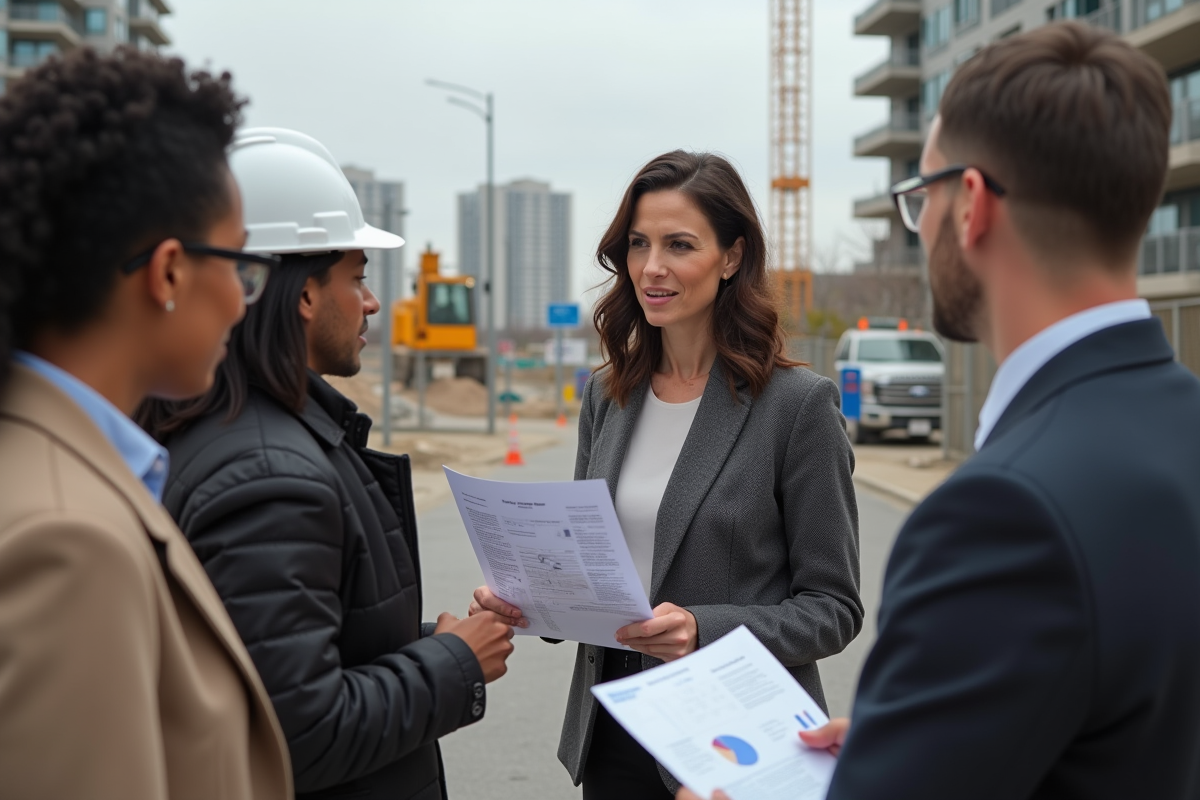 Femme en extérieur discutant avec résidents et chantier