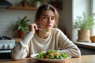 Jeune femme réfléchissant en mangeant une salade