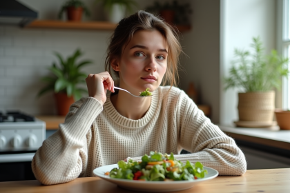 Jeune femme réfléchissant en mangeant une salade