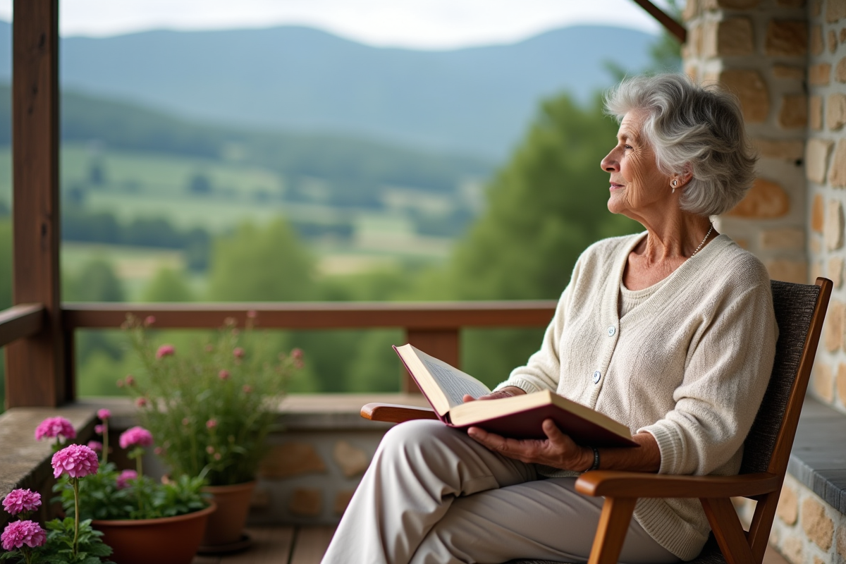 Femme retraitée lisant sur un balcon avec vue sur la campagne
