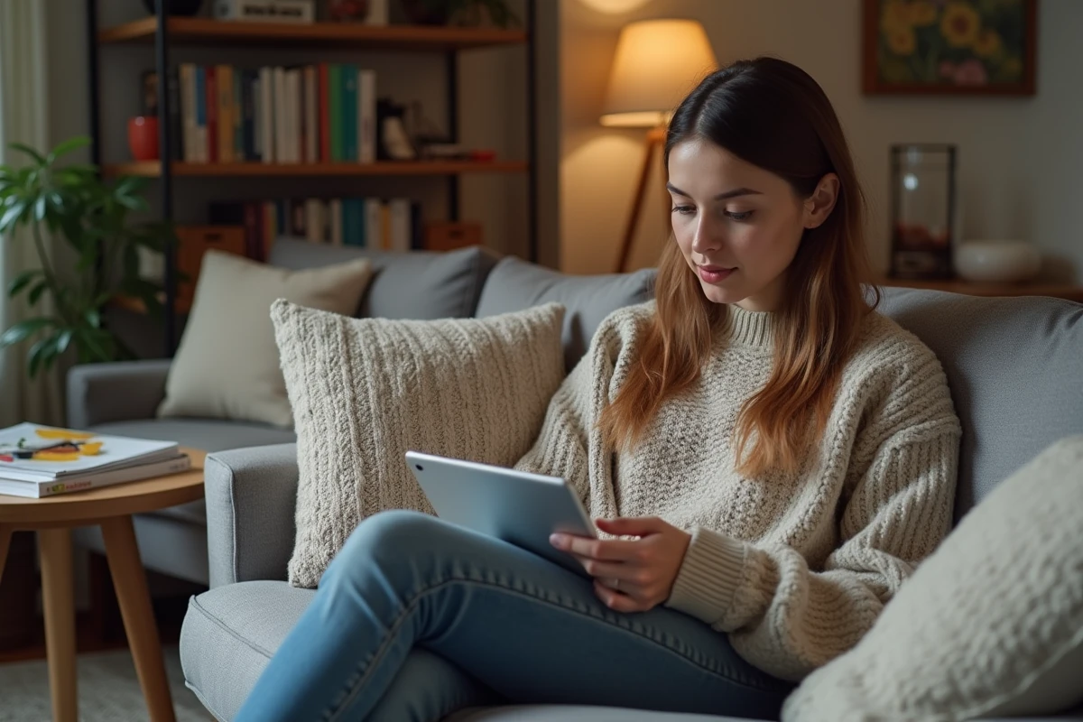 Femme assise sur un canapé avec une tablette dans un intérieur cosy