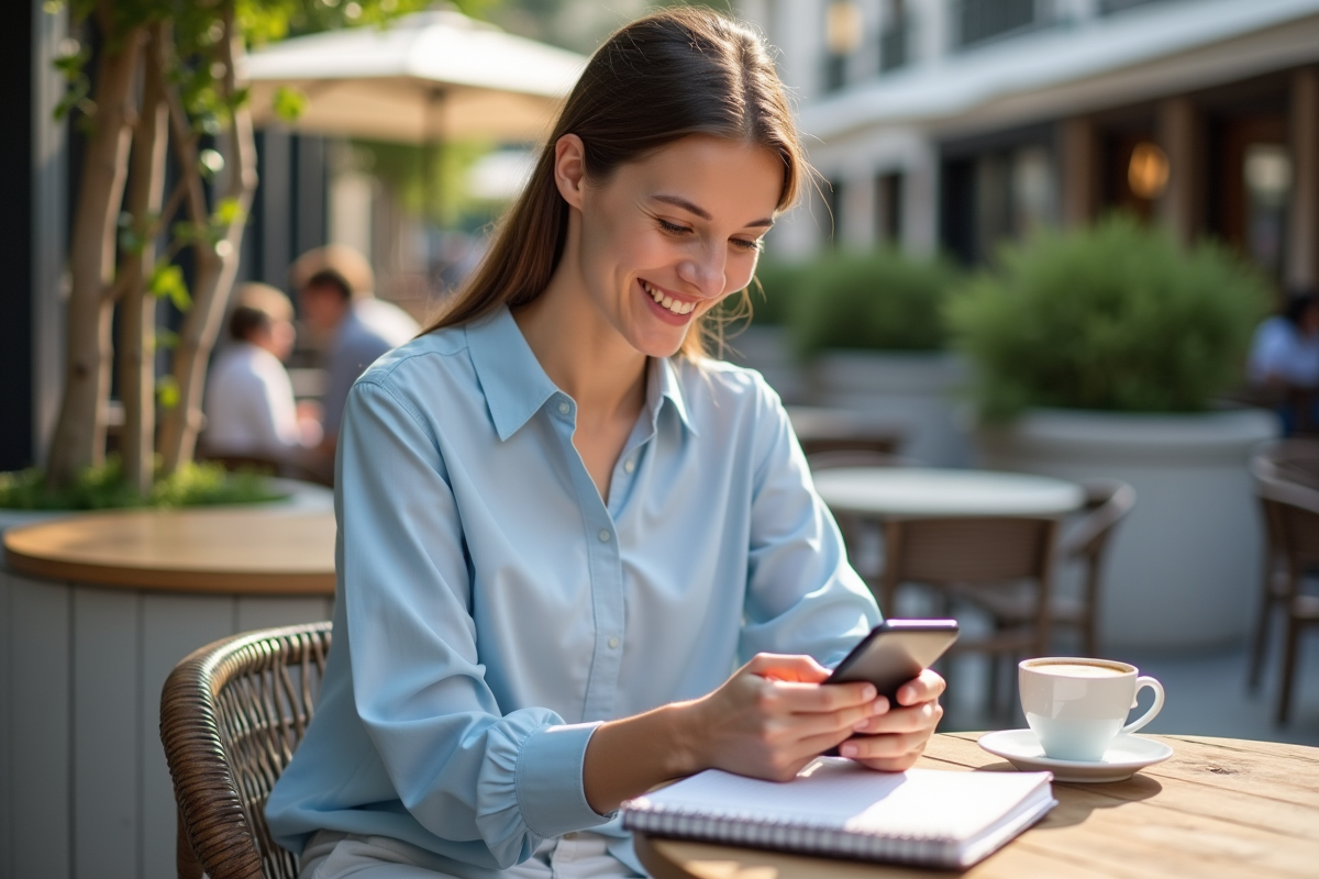 Femme souriante utilisant une application bancaire sur smartphone en extérieur