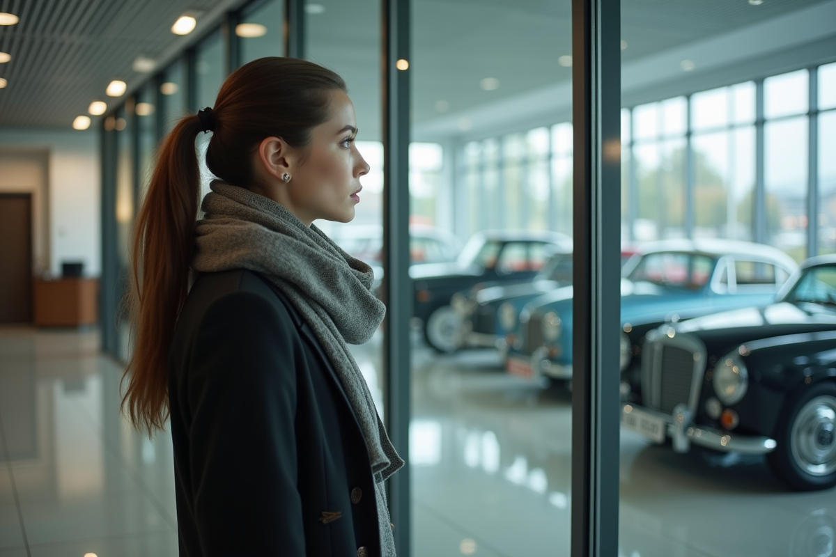 Jeune femme regardant des voitures classiques dans un showroom moderne