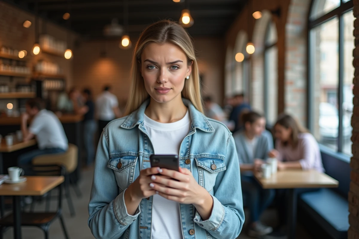 Femme consultant son smartphone dans un café avec une expression perplexe face aux multiples noms associés à la plateforme Yakriv