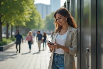 Femme vérifiant son smartphone devant un toilette public en ville