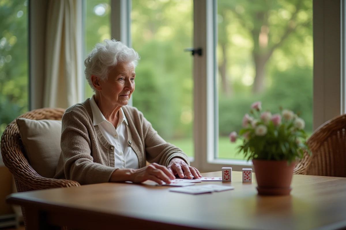 Femme &acirc;g&eacute;e jouant seule au solitaire dans un jardin lumineux