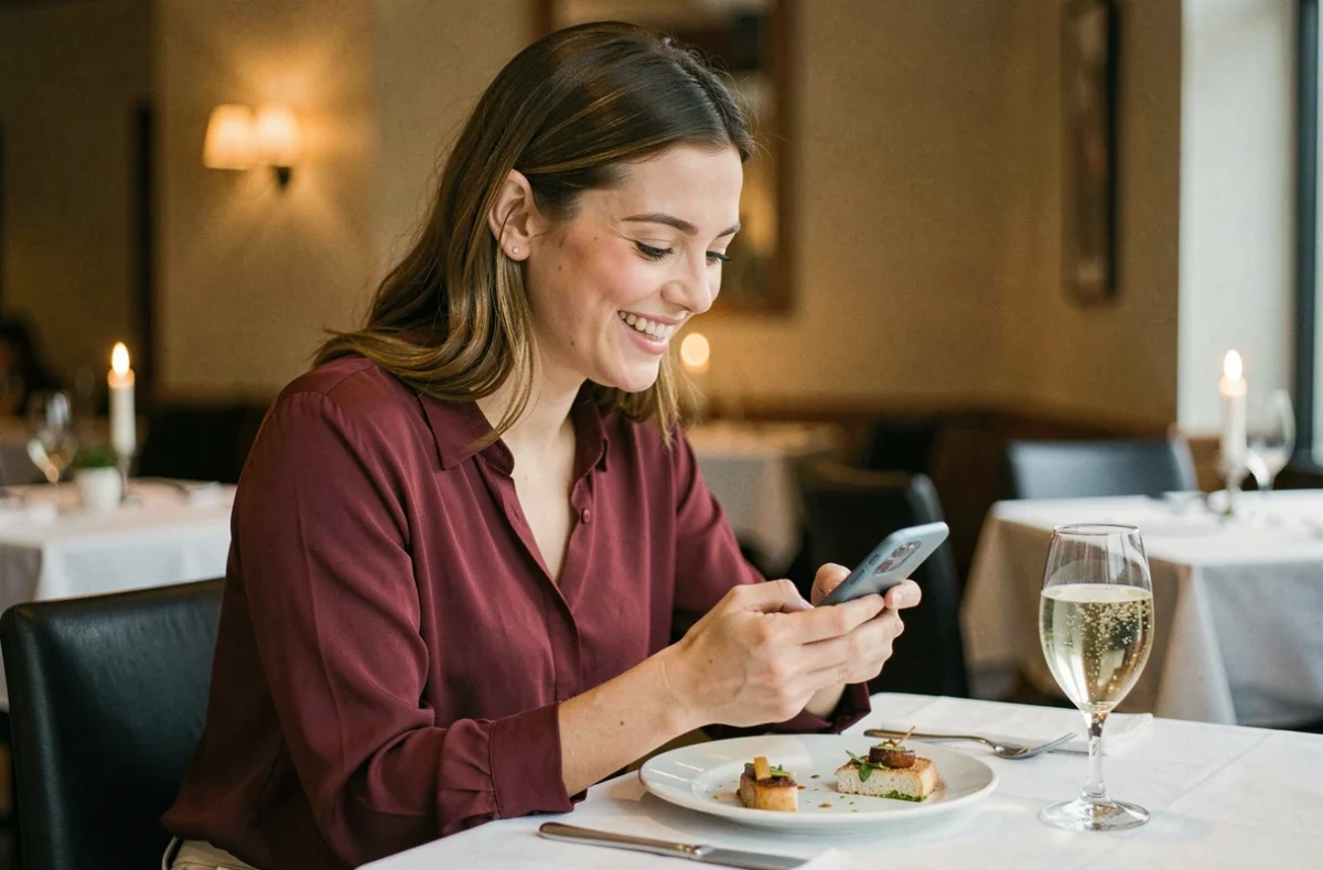 Femme souriante consultant son téléphone avant un premier rendez-vous romantique au restaurant