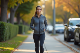 Femme sportive en marche matinale dans un quartier résidentiel