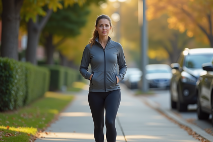 Femme sportive en marche matinale dans un quartier résidentiel