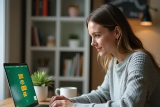 Femme concentrée jouant à Sutom sur un ordinateur portable dans un bureau à domicile, stratégie de jeu de mots