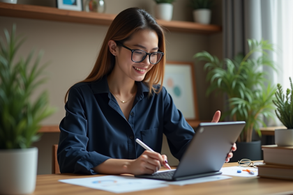 Jeune femme en bureau cosy utilisant une tablette