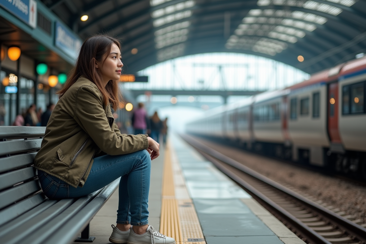 Jeune femme assise sur un quai regardant trains futuristes