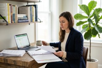 Femme concentrée dans son bureau moderne avec documents