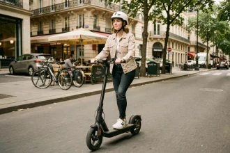 Jeune femme en trottinette électrique sur un trottoir urbain parisien, casque blanc et veste beige, environnement de rue animé en arrière-plan flou