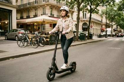 Jeune femme en trottinette électrique sur un trottoir urbain parisien, casque blanc et veste beige, environnement de rue animé en arrière-plan flou