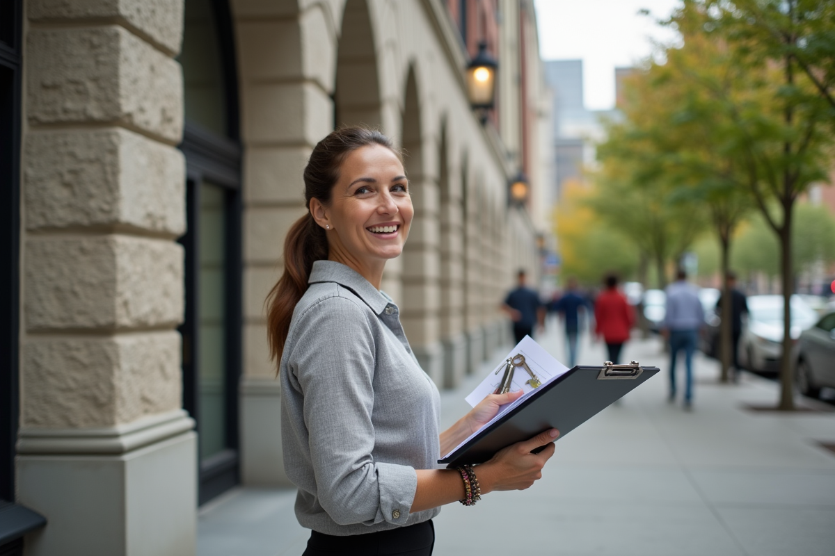 Femme souriante tenant un plan de rénovation en ville