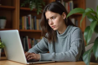 Jeune femme utilisant un chat en ligne sur son ordinateur portable avec une expression prudente et concentrée